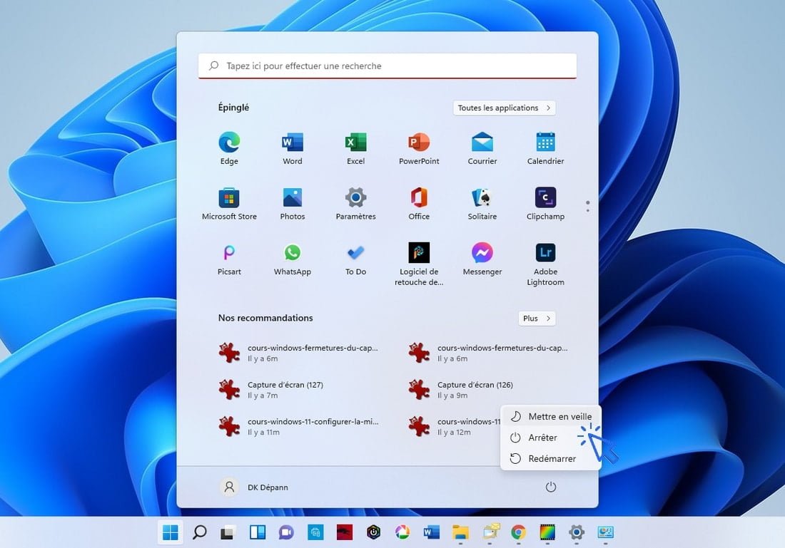 cours-windows-mettre-son-pc-en-veille-avec-menu-demarrer Windows - Les options d'alimentation du PC
