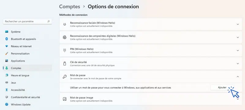Ajouter un mot de passe à l'ouverture du PC sous Windows 11.