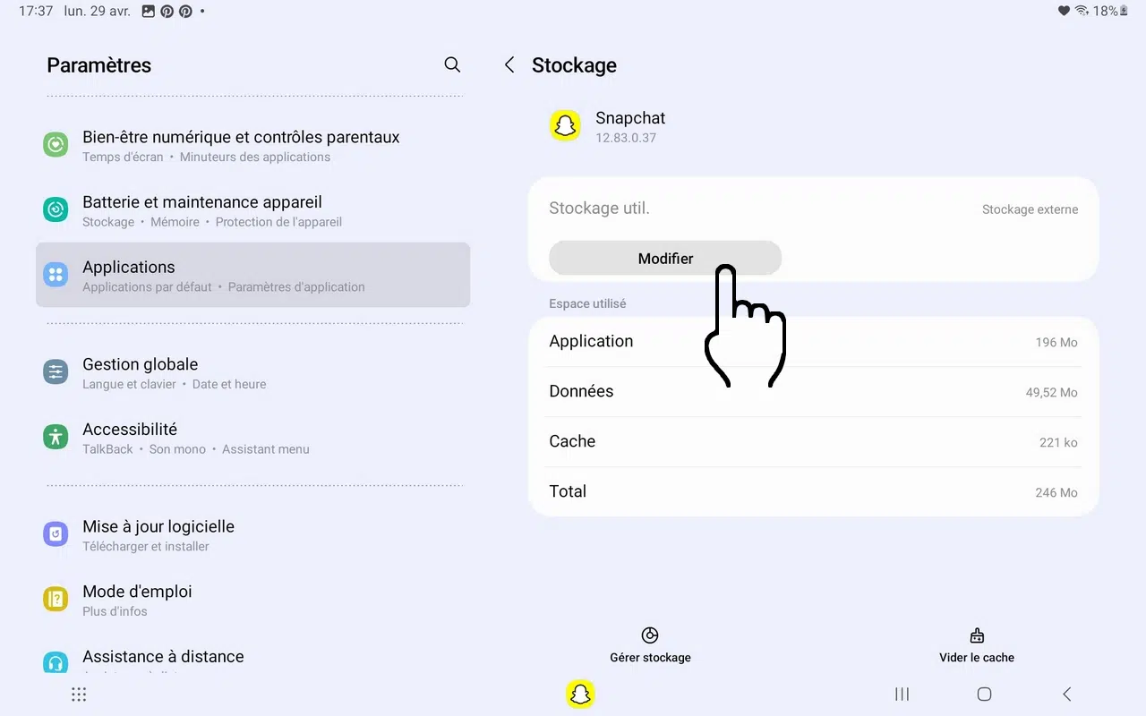 appuyez sur Modifier Déplacer Snapchat sur une carte SD pour libérer de la mémoire de stockage.