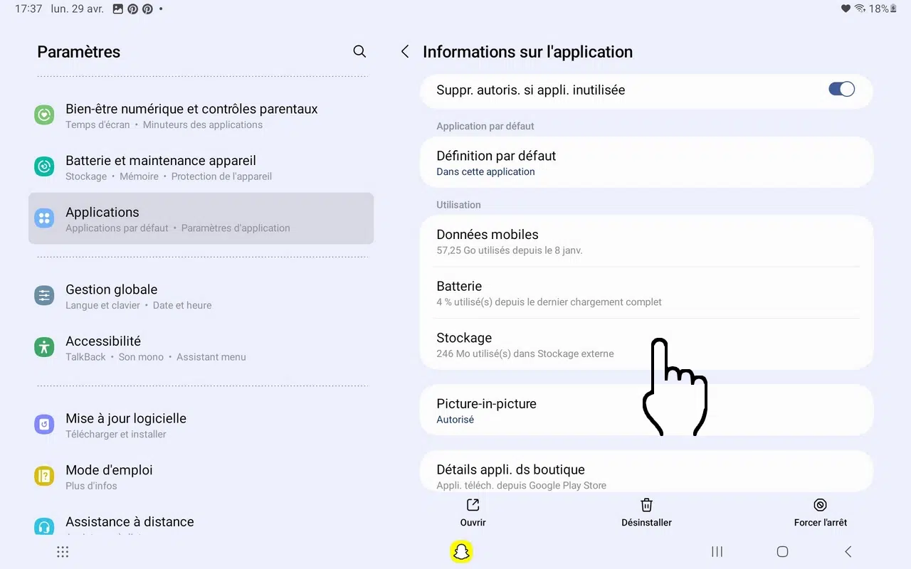 appuyez sur stockage Déplacer Snapchat sur une carte SD pour libérer de la mémoire de stockage.