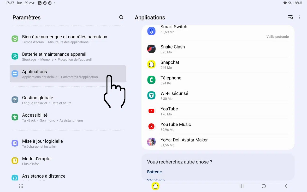 sélectionnez applications Déplacer Snapchat sur une carte SD pour libérer de la mémoire de stockage.