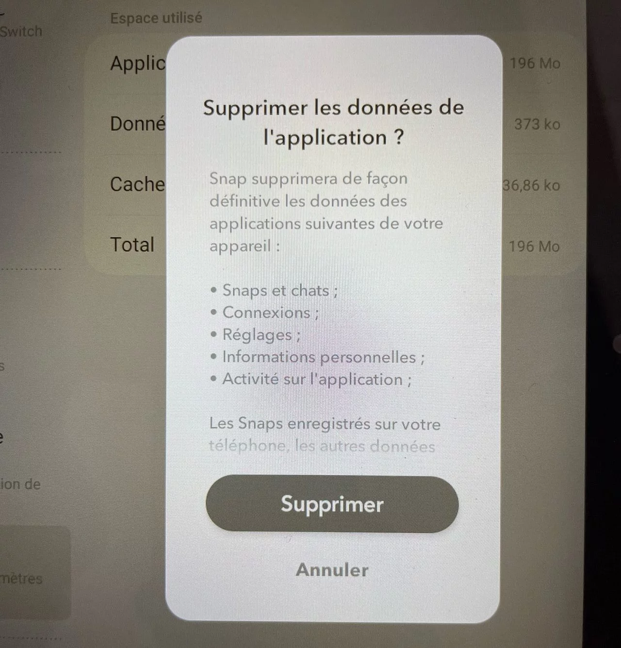 supprimer les données de l'appli Snapchat pour vider la mémoire L'appli Mobile connecté, pour voir ses sms et ses appels