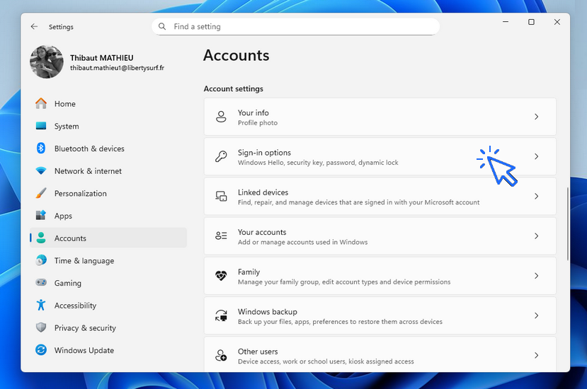 Sign-in options in Windows : create a PIN code unstead a password