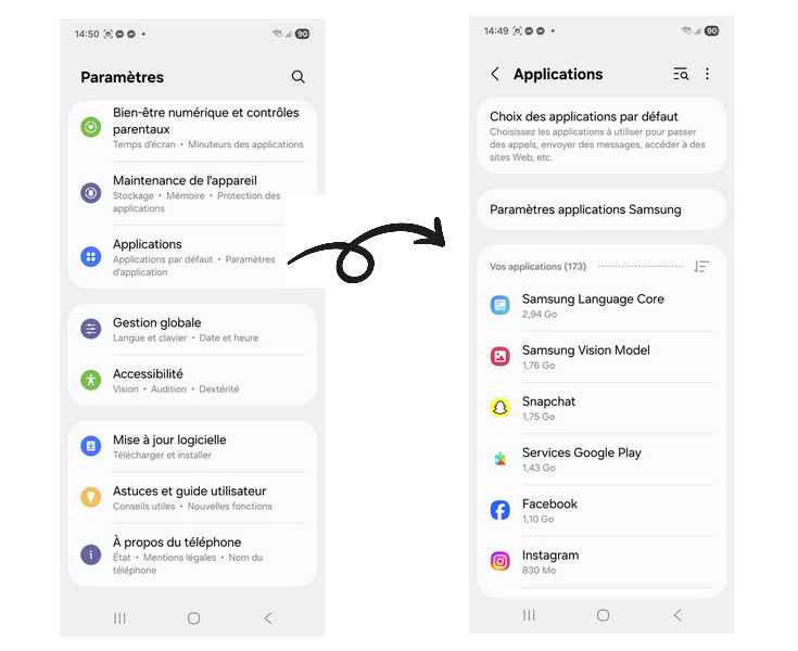 tuto téléphone - afficher la taille des applications Afficher la taille des applis sur téléphone