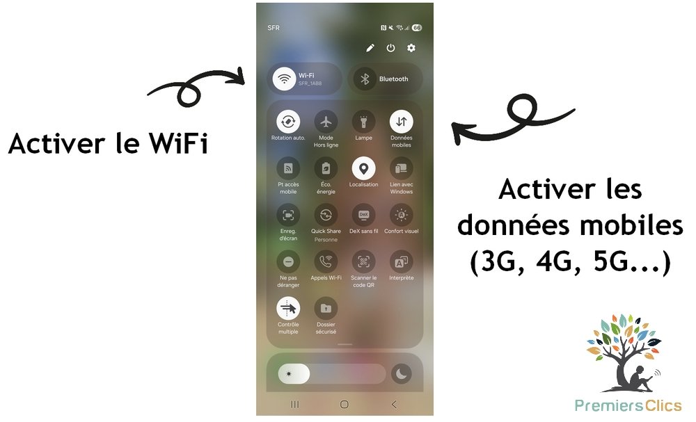 Tuto dépannage - Activer le wifi et internet mobile sur un smartphone - capture écran Android Activer le wifi et les données mobiles pour résoudre les problèmes de connexion internet sur téléphone. Cours et tutos avec Premiers Clics.