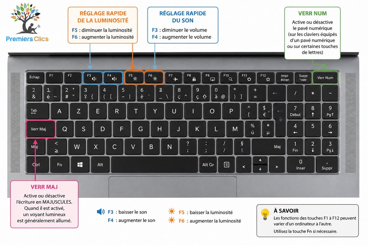 Comment utiliser un ordinateur - Le clavier - les touches de fonction Apprendre à utiliser nu ordinateur - Cours Windows - Le clavier et les touches de fonction - régler la luminosité du pc avec le clavier