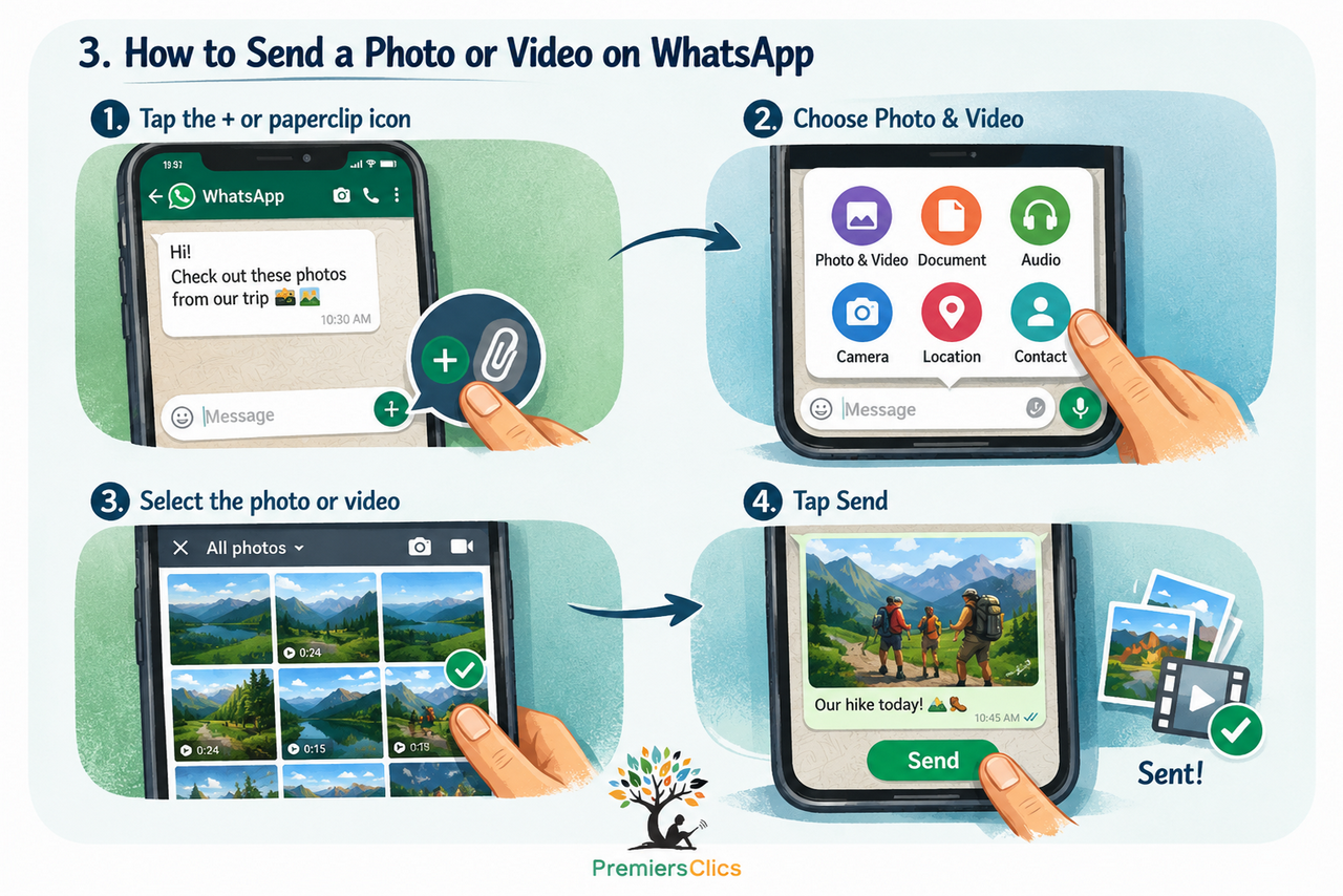 how to send a photo or a video on whatsapp - complete whatsapp user guide for beginners and seniors - Premiers Clics Phone Tutorials Complete WhatsApp Guide - How to send a photo or a video